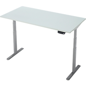 Bureau, rectangulaire, réglage électrique de la hauteur, piétement en T, L 1600 x P 800 x H 620-1280 mm, avec Memory Master, gris clair/argenté
