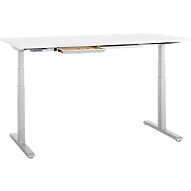 Bureau, réglable en hauteur électriquement, L 1600 x P 800 x H 615 - 1275 mm, blanc/blanc alu+ passage de câbles, tiroir