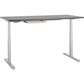 Bureau, réglable en hauteur électriquement, L 1600 x P 800 x H 615 - 1275 mm, graphite/alu blanc+ passage de câbles, tiroir