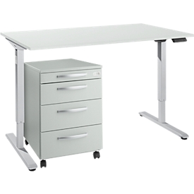 Bureau, réglage électrique de la hauteur, piétement en T, H 755-1255 mm, gris clair/aluminium blanc + panneau de commande à mémoire, passage de câbles, caisson roulant