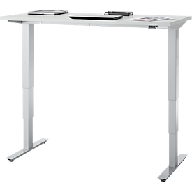 Bureau, réglage électrique de la hauteur, piétement en T sans traverse, L 1300 x P 650 x H 605-1265 mm, gris clair/argenté