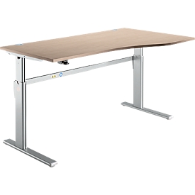 Bureau Standard, hauteur réglable électriquement, forme libre, approche à droite, pied en C, L 1800 x P 1000/800 x H 725-1185 mm, chêne/alu blanc