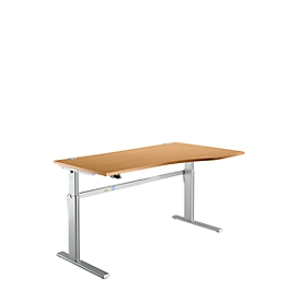 Bureau Standard, hauteur réglable électriquement, forme libre, approche à droite, pied en C, L 1800 x P 1000/800 x H 725-1185 mm, hêtre/alu blanc