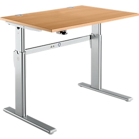 Bureau Standard, hauteur réglable électriquement, rectangulaire, piétement en C, L 1200 x P 800 x H 725-1185 mm, hêtre/aluminium blanc RAL 9006