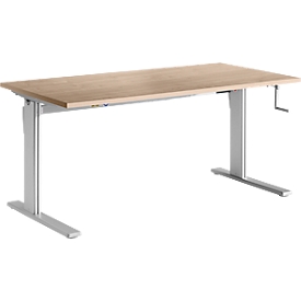 Bureau Standard, rectangulaire, hauteur réglable manuellement par manivelle, piétement en C, L 1200 x P 800 x H 728-1188 mm, décor chêne/aluminium blanc