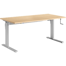 Bureau Standard, rectangulaire, hauteur réglable manuellement par manivelle, piétement en C, L 1200 x P 800 x H 728-1188 mm, décor érable/aluminium blanc