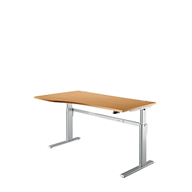 Bureau Standard, réglage électrique de la hauteur, forme libre, approche à gauche, pied en C, L 1800 x P 1000/800 x H 725-1185 mm, hêtre/alu blanc