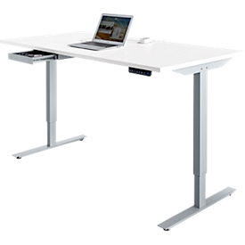 Bureau START OFF - elektrisch in hoogte verstelbaar - B 1600 x D 800 x H 705-1205 mm – T poot blank alu - lichtgrijs + accessoire lade - ons merk Schäfer Shop Select