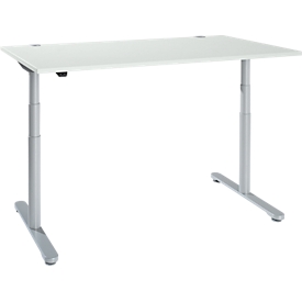 Bureau, tweetraps elektrisch in hoogte verstelbaar, T-voet ronde buis, B 1600 x D 800 x H 634-1294 mm, aluminium lichtgrijs/wit