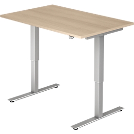 Bureau Ulm, réglable en hauteur électriquement, piétement en T, L 1200 mm, finition chêne