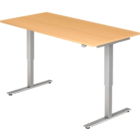 Bureau Ulm, réglable en hauteur électriquement, piétement en T, L 1600 mm, hêtre