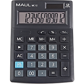 Bureaurekenmachine MAUL MC12, 12 cijfers, ergonomisch, werkt op zonne-energie en batterij, B 103 x D 137 x H 31 mm, zwart