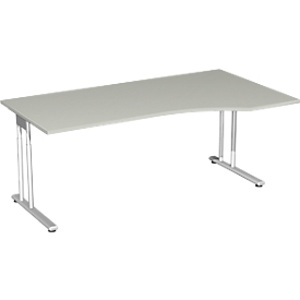 Bureautafel met aanbouw PALENQUE, C-poot, vrije vorm, handmatig in hoogte verstelbaar, aanbouw rechts, B 1800 x D 800/1000 x H 680-820 mm, lichtgrijs