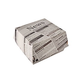 Burgerboxen Papstar Newsprint, mit Klappdeckel, L 125 x B 125 x H 70 mm, FSC®-Frischfaserkarton, grau-schwarz, 50 Stück