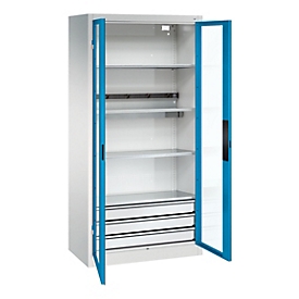 C+P Akkuladeschrank Acurado, abschließbar, mit Inneneinrichtung, B 930 x T 500 x H 1950 mm, Stahl, lichtblau RAL 5012/lichtgrau RAL 7035