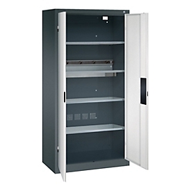 C+P Akkuladeschrank Acurado, abschließbar, mit Inneneinrichtung, B 930 x T 500 x H 1950 mm, Stahl, lichtgrau RAL 7035/anthrazitgrau RAL 7016
