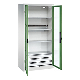 C+P Akkuladeschrank Acurado, abschließbar, mit Inneneinrichtung, B 930 x T 500 x H 1950 mm, Stahl, resedagrün RAL 6011/lichtgrau RAL 7035