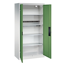 C+P Akkuladeschrank Acurado, abschließbar, mit Inneneinrichtung, B 930 x T 500 x H 1950 mm, Stahl, resedagrün RAL 6011/lichtgrau RAL 7035