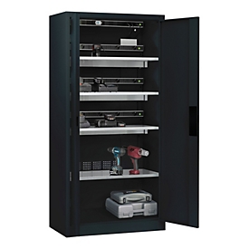 C+P Akkuladeschrank Acurado, abschließbar, mit Lüftung + Inneneinrichtung, B 930 x T 500 x H 1950 mm, Stahl, anthrazitgrau RAL 7016/anthrazitgrau RAL 7016