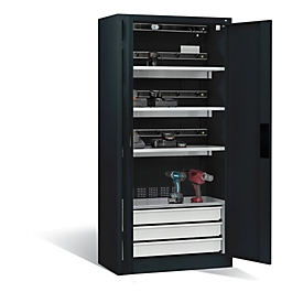 C+P Akkuladeschrank Acurado, abschließbar, mit Lüftung + Inneneinrichtung, B 930 x T 500 x H 1950 mm, Stahl, anthrazitgrau RAL 7016/anthrazitgrau RAL 7016