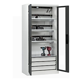 C+P Akkuladeschrank Acurado, abschließbar, mit Lüftung + Inneneinrichtung, B 930 x T 500 x H 1950 mm, Stahl, anthrazitgrau RAL 7016/lichtgrau RAL 7035