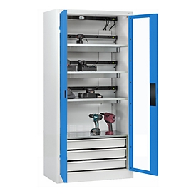 C+P Akkuladeschrank Acurado, abschließbar, mit Lüftung + Inneneinrichtung, B 930 x T 500 x H 1950 mm, Stahl, lichtblau RAL 5012/lichtgrau RAL 7035