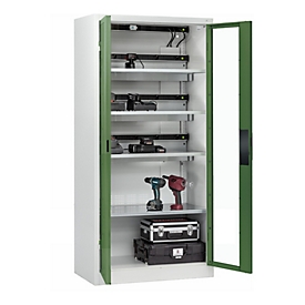 C+P Akkuladeschrank Acurado, abschließbar, mit Lüftung + Inneneinrichtung, B 930 x T 500 x H 1950 mm, Stahl, resedagrün RAL 6011/lichtgrau RAL 7035