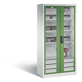 C+P Comfort acculaadkast met kijkvenster van acrylglas, H 1950 x B 930 x D 500 mm, lichtgrijs/resedagroen