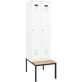 C+P Evolo Plus garderobekast, 2 vakken van elk 300 mm breed, bank eronder, B 600 x D 815 x H 2120 mm, cilinder, verkeerswit/verkeerswit