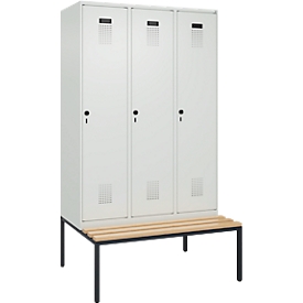 C+P Evolo Plus garderobekast, 3 vakken, 400 mm vakbreedte, met bank eronder, B 1200 x D 815 x H 2120 mm, draaischroef, lichtgrijs/lichtgrijs