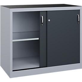 C + P gereedschapskast met schuifdeuren Acurado, B 1200 x D 600 x H 1000 mm, draagvermogen per legplank 70 kg, staal, blank aluminium/antracietgrijs