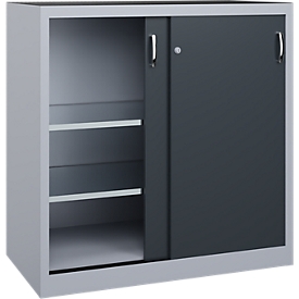 C + P gereedschapskast met schuifdeuren Acurado, B 1200 x D 600 x H 1200 mm, draagvermogen per legplank 70 kg, staal, blank aluminium/antracietgrijs