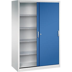 C + P gereedschapskast met schuifdeuren Acurado, B 1200 x D 600 x H 1950 mm, draagvermogen per legplank 70 kg, staal, lichtgrijs/geniaanblauw