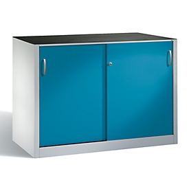 C + P gereedschapskast met schuifdeuren Acurado, B 1600 x D 500 x H 1000 mm, draagvermogen per legplank 110 kg, staal, lichtgrijs/lichtblauw