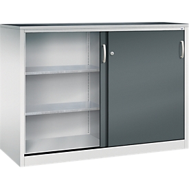 C + P gereedschapskast met schuifdeuren Acurado, B 1600 x D 600 x H 1200 mm, draagvermogen per legplank 70 kg, staal, lichtgrijs/antracietgrijs