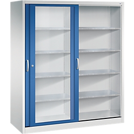 C + P gereedschapskast met schuifdeuren Acurado, met kijkvenster, B 1600 x D 600 x H 1950 mm, lichtgrijs/geniaanblauw