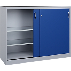 C + P Schiebetüren-Werkzeugschrank Acurado, B 1600 x T 500 x H 1200 mm, je Fachboden 70 kg, Stahl, weissaluminium/enzianblau
