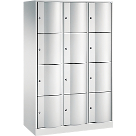C+P Schließfachschrank Resisto, 3 Abteile, 12 Fächer, B 1148 x T 540 x H 1950 mm, Lichtgrau/Rubinrot