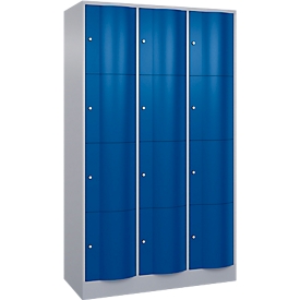 C+P Schließfachschrank Resisto, 3 Abteile, 12 Fächer, B 1148 x T 540 x H 1950 mm, Weißalu/Enzianblau