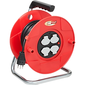Cable reel brennenstuhl® BAT ST 260, 4-way, with overheating protection, carrying handle, IP20, cable length 25 m, steel and plastic, red-black