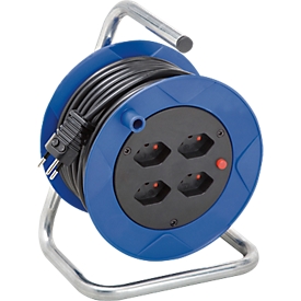 Cable reel brennenstuhl® Compact ST 180, 4-way, with overheating protection, carrying handle, IP20, cable length 15 m, steel and plastic, blue-black