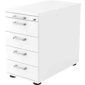 Caisson fixe TARVIS, 1 tiroir-plumier, verrouillable, 4 tiroirs, l. 428 x P 800 x H 720-760 mm, blanc