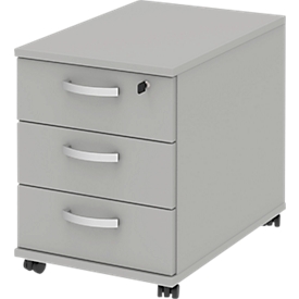 Caisson mobile BARI, tiroir-plumier, 3 tiroirs, verrouillable, l. 427 x P 600 x H 544 mm, gris clair/gris clair/alu