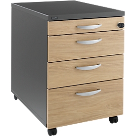 Caisson mobile NEVADA - l. 430 x P 600 x H 600 mm - 3 tiroirs + 1 tiroir plumier - gris foncé et décor chêne