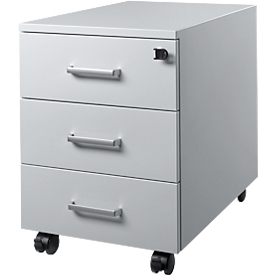 Caisson mobile Schäfer Shop Pure 333, 3 tiroirs, verrouillables, poignées métalliques, tôle d'acier thermolaquée, L 420 x P 600 x H 570 mm, gris clair