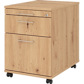 Caisson roulant 126 Breno, 1 tiroir, 1 tirette-plumier &amp; 1 tiroir pour dossiers suspendus, verrouillable, L 428 x P 580 x H 590 mm, chêne cendré