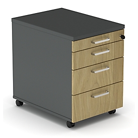 Caisson roulant BEXXSTAR, 1 tirette-plumier verrouillable &amp; 3 tiroirs, L 430 x P 600 x H 600 mm, gris foncé/décor chêne