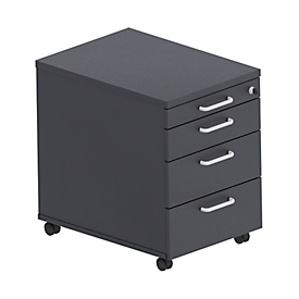 Caisson roulant BEXXSTAR, 1 tirette-plumier verrouillable &amp; 3 tiroirs, L 430 x P 600 x H 600 mm, noir