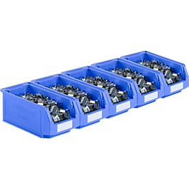 Cajas de abertura frontal serie LF421 SSI Schäfer, apilable, 7,8 l, 5 unidades, con empuñadura empotrada, azul