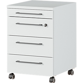 Cajonera móvil Agenda, 3 cajones, extraíble para utensilios, A 420 x A 610 x P 490 mm, 1 cajón con cerradura, gris claro
